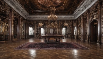 day,indoors,no humans,window,chair,table,sunlight,scenery,reflection,light rays,wooden floor,stairs,door,candle,architecture,pillar,statue,ceiling,carpet,church,arch,candlestand,rug,reflective floor,chandelier,column,weapon,sword,fantasy,tile floor,throne,hallway