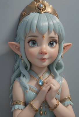 1girl,solo,long hair,looking at viewer,smile,bangs,blue eyes,dress,bare shoulders,jewelry,blue hair,upper body,earrings,parted lips,sleeveless,pointy ears,artist name,grey background,necklace,bracelet,lips,eyelashes,aqua hair,shadow,own hands together,tiara,crown,elf,gem,armlet,freckles,realistic,simple background,fruit