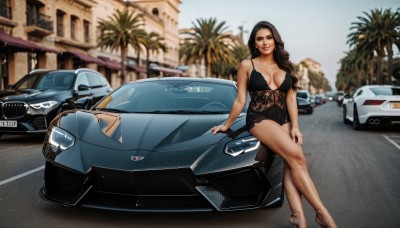 1girl,solo,long hair,breasts,looking at viewer,smile,large breasts,brown hair,black hair,dress,cleavage,brown eyes,medium breasts,sitting,underwear,outdoors,blurry,black dress,high heels,tree,lips,legs,blurry background,crossed legs,ground vehicle,motor vehicle,realistic,palm tree,car,hand on own thigh,vehicle focus,sports car,day,building,city,road,street,real world location