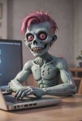 solo,looking at viewer,short hair,red eyes,1boy,sitting,upper body,pink hair,male focus,red hair,teeth,indoors,blurry,blood,blurry background,colored skin,plant,colored sclera,skull,computer,grey skin,monitor,ribs,laptop,horror (theme),keyboard (computer),mouse (computer),collarbone,muscular,abs,table,desk,veins,topless male,skeleton