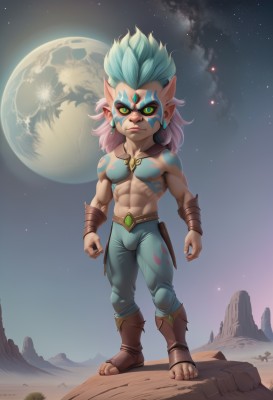 solo,long hair,looking at viewer,1boy,navel,jewelry,green eyes,blue hair,standing,full body,yellow eyes,pink hair,male focus,multicolored hair,earrings,outdoors,green hair,sky,pointy ears,pants,artist name,signature,tattoo,muscular,night,colored skin,facial mark,abs,moon,pectorals,muscular male,star (sky),starry sky,colored sclera,topless male,space,planet,barefoot,belt,mask,watermark,sandals,night sky,web address,toenails,rock,mountain,blue skin,facepaint,toeless footwear