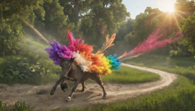 flower,outdoors,sky,day,tree,pokemon (creature),no humans,animal,sunlight,grass,nature,scenery,forest,running,light rays,sun,road,bush,riding,horse,path,solo,standing,full body,cloud,blue sky,bird,leaf,feathers,plant,lens flare,walking,animal focus