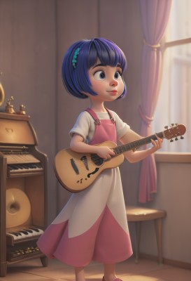 1girl,solo,smile,short hair,bangs,blue eyes,shirt,hair ornament,dress,holding,closed mouth,blue hair,standing,full body,white shirt,short sleeves,hairband,shoes,indoors,blunt bangs,blurry,lips,window,blurry background,chair,sandals,curtains,red footwear,instrument,child,pink dress,music,guitar,female child,slippers,playing instrument,holding instrument,nose