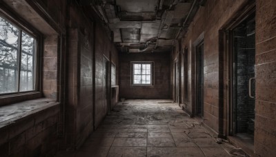 outdoors,day,indoors,tree,no humans,window,scenery,wooden floor,door,tiles,wall,tile floor,brick wall,bare tree,snow,ruins,hallway,stone wall,brick,cracked wall,brick floor,broken window