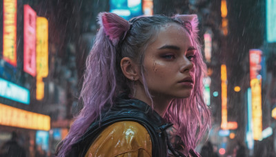 1girl, solo, long hair, blue eyes, animal ears, twintails, jewelry, closed mouth, pink hair, multicolored hair, earrings, outdoors, cat ears, blurry, lips, wet, night, blurry background, freckles, rain, realistic, nose, cyberpunk, neon lights