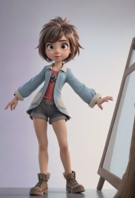 1girl,solo,looking at viewer,smile,short hair,brown hair,shirt,hair ornament,long sleeves,brown eyes,jewelry,green eyes,standing,jacket,full body,boots,shorts,belt,necklace,star (symbol),lips,fur trim,short shorts,black shorts,outstretched arms,denim,child,denim shorts,female child,grey shorts,simple background,open clothes,open jacket,thick eyebrows,red shirt,nose,ankle boots,denim jacket