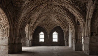 monochrome,day,indoors,dutch angle,no humans,window,sunlight,scenery,light rays,stairs,door,architecture,ruins,pillar,hallway,church,arch,column,wall,brick wall,stone floor