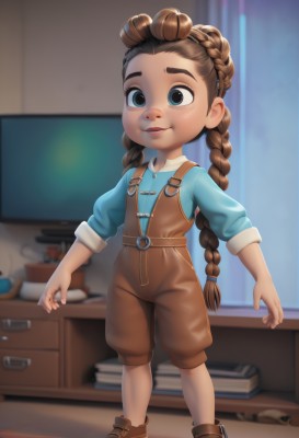 1girl,solo,long hair,smile,blue eyes,brown hair,shirt,hair ornament,twintails,standing,full body,braid,boots,parted lips,shoes,indoors,blurry,twin braids,book,blurry background,brown footwear,thick eyebrows,suspenders,blue shirt,child,freckles,female child,overalls,looking at viewer,very long hair,shorts,artist name,flat chest,lips,television