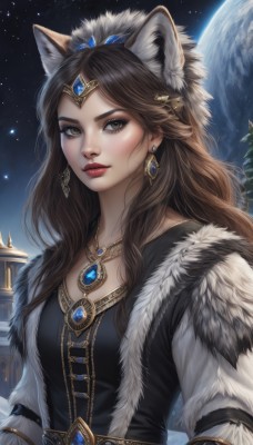 1girl,solo,long hair,breasts,looking at viewer,brown hair,long sleeves,animal ears,brown eyes,jewelry,closed mouth,upper body,earrings,sky,necklace,lips,animal ear fluff,fur trim,makeup,night,tiara,gem,star (sky),night sky,pendant,starry sky,circlet,red lips,hair ornament,dress,yellow eyes,hairclip,artist name,moon,wolf ears,lipstick,realistic,nose,planet,fur,earth (planet),diadem