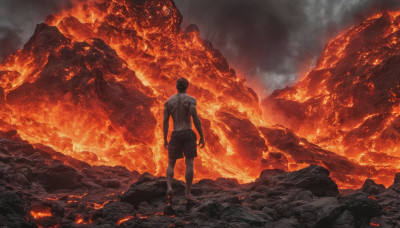 solo, black hair, 1boy, standing, male focus, shorts, barefoot, from behind, back, black shorts, fire, scenery, topless male, rock, facing away, toned male, molten rock