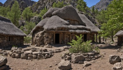 outdoors,sky,day,tree,blue sky,no humans,grass,building,nature,scenery,forest,rock,mountain,road,bush,wall,ruins,house,path,stone,architecture