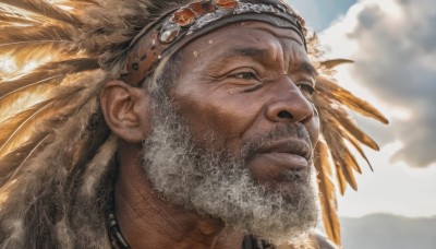 solo,looking at viewer,1boy,brown eyes,closed mouth,male focus,outdoors,sky,day,cloud,headband,facial hair,cloudy sky,feathers,portrait,beard,realistic,mustache,feather hair ornament,manly,brown hair,blue sky,scar,close-up,headdress