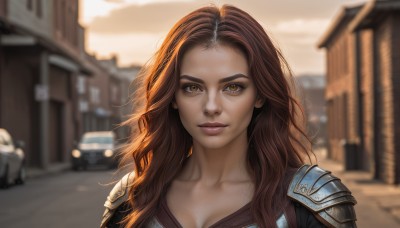 1girl,solo,long hair,breasts,looking at viewer,smile,brown hair,cleavage,brown eyes,medium breasts,closed mouth,collarbone,upper body,outdoors,solo focus,artist name,armor,blurry,lips,depth of field,blurry background,ground vehicle,shoulder armor,building,portrait,motor vehicle,freckles,pauldrons,realistic,nose,car,road,yellow eyes,day,sunlight,forehead,backlighting