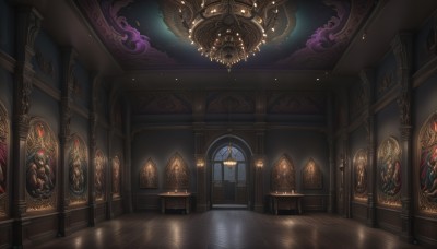 indoors,no humans,window,chair,table,scenery,wooden floor,stairs,fantasy,door,light,candle,pillar,statue,painting (object),carpet,church,candlestand,reflective floor,chandelier,sky,cloud,night,fire,star (sky),night sky,light particles,reflection,light rays,clock,architecture