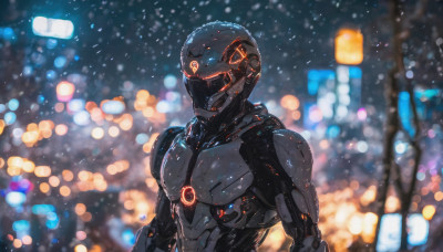 solo, 1boy, upper body, male focus, blurry, depth of field, blurry background, glowing, helmet, robot, science fiction, cyborg, power armor