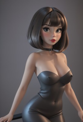 1girl,solo,breasts,looking at viewer,blush,short hair,bangs,large breasts,simple background,brown hair,black hair,cleavage,bare shoulders,brown eyes,medium breasts,standing,collarbone,pantyhose,cowboy shot,parted lips,choker,shiny,artist name,medium hair,grey background,nail polish,black eyes,collar,covered nipples,lips,gradient,grey eyes,gradient background,eyelashes,strapless,covered navel,makeup,black choker,bob cut,lipstick,skin tight,red nails,shiny clothes,red lips,latex,smile,blue eyes,bodysuit,strapless dress,eyeliner