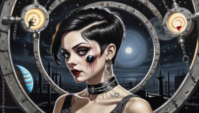 1girl,solo,looking at viewer,short hair,black hair,jewelry,collarbone,upper body,earrings,sky,choker,black eyes,lips,tattoo,makeup,night,facial mark,moon,lipstick,portrait,star (sky),full moon,eyeshadow,science fiction,realistic,nose,red lips,facial tattoo,planet,mascara,cyberpunk,cloud,chain,night sky,starry sky,facepaint