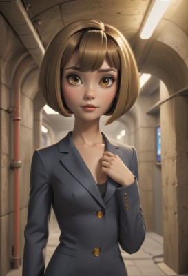 1girl,solo,breasts,looking at viewer,blush,short hair,bangs,brown hair,long sleeves,cleavage,brown eyes,closed mouth,standing,collarbone,jacket,upper body,small breasts,parted lips,artist name,indoors,hand up,blurry,lips,black jacket,eyelashes,makeup,buttons,formal,bob cut,suit,hand on own chest,freckles,arm at side,nose,red lips,hallway,medium breasts,day,blazer,thick eyebrows,lipstick