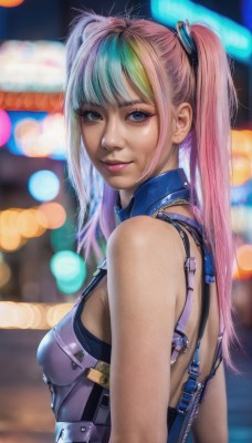 1girl,solo,long hair,breasts,looking at viewer,smile,bangs,blue eyes,bare shoulders,twintails,closed mouth,upper body,pink hair,multicolored hair,small breasts,green hair,sleeveless,looking back,armor,blurry,from side,two-tone hair,lips,grey eyes,eyelashes,makeup,depth of field,blurry background,realistic,nose,bokeh,blonde hair,blue hair,artist name,necklace,bra,streaked hair