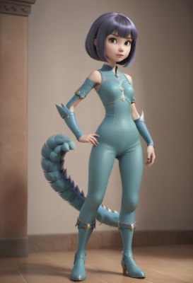 1girl,solo,breasts,looking at viewer,smile,short hair,bangs,black hair,bare shoulders,brown eyes,closed mouth,standing,tail,full body,purple hair,small breasts,boots,detached sleeves,artist name,blunt bangs,black eyes,high heels,covered nipples,lips,hand on hip,grey eyes,bodysuit,bob cut,skin tight,blue footwear,dragon girl,dragon tail,blue bodysuit,nail polish,armor,watermark,black nails,web address,high heel boots,vambraces,pillar