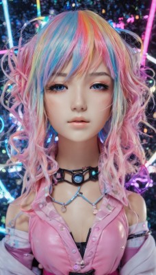 1girl,solo,long hair,breasts,looking at viewer,bangs,blue eyes,cleavage,bare shoulders,jewelry,medium breasts,closed mouth,blue hair,upper body,pink hair,multicolored hair,small breasts,choker,necklace,two-tone hair,lips,streaked hair,eyelashes,buttons,wavy hair,realistic,nose,parted lips,bra