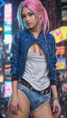 1girl,solo,long hair,breasts,looking at viewer,blue eyes,shirt,long sleeves,cleavage,jewelry,medium breasts,closed mouth,standing,jacket,white shirt,pink hair,multicolored hair,cowboy shot,earrings,small breasts,outdoors,open clothes,shorts,belt,dark skin,necklace,blurry,bracelet,open jacket,dark-skinned female,lips,fingernails,wet,short shorts,makeup,blurry background,piercing,cleavage cutout,ring,cross,denim,cropped jacket,rain,blue shorts,denim shorts,realistic,nose,denim jacket,hair ornament,blue hair,choker,artist name,mole,two-tone hair,night,depth of field,chain,watermark,blue jacket,wet clothes,breasts apart,web address,freckles,contrapposto,hoop earrings,city