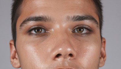 solo,looking at viewer,short hair,simple background,black hair,1boy,brown eyes,male focus,grey background,blurry,thick eyebrows,portrait,close-up,realistic,very short hair,shiny,facial hair,eye focus