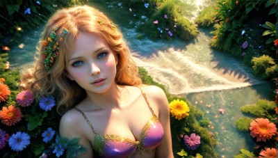 HQ,1girl,solo,long hair,breasts,looking at viewer,blue eyes,blonde hair,hair ornament,cleavage,bare shoulders,medium breasts,underwear,collarbone,swimsuit,upper body,flower,bikini,small breasts,outdoors,parted lips,day,hair flower,water,bra,lips,petals,eyelashes,leaf,from above,wavy hair,beach,sunlight,plant,nature,curly hair,realistic,nose,pink bikini,shade,head wreath,dappled sunlight,orange flower,blush,lying,ocean,bikini top only,blue flower,sand,purple bikini,hibiscus,shore