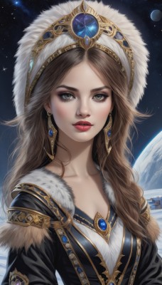 1girl,solo,long hair,breasts,looking at viewer,brown hair,hat,cleavage,brown eyes,jewelry,medium breasts,green eyes,collarbone,upper body,earrings,parted lips,sky,artist name,signature,lips,coat,grey eyes,fur trim,eyelashes,makeup,night,moon,lipstick,gem,star (sky),night sky,starry sky,gold trim,realistic,nose,red lips,space,planet,fur hat,earth (planet),bangs,dress,parted bangs,headdress