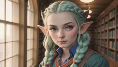 1girl,solo,long hair,looking at viewer,blush,shirt,closed mouth,green eyes,upper body,braid,green hair,horns,pointy ears,collared shirt,artist name,indoors,blurry,twin braids,lips,book,dutch angle,eyelashes,window,depth of field,blurry background,blue shirt,elf,hair over shoulder,forehead,freckles,nose,bookshelf,hair ornament,signature,buttons,sunlight,thick eyebrows,portrait,crown braid