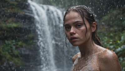 1girl, solo, long hair, breasts, looking at viewer, brown hair, black hair, upper body, nude, outdoors, parted lips, water, blurry, lips, wet, blurry background, rain, realistic, nose, wet hair, waterfall