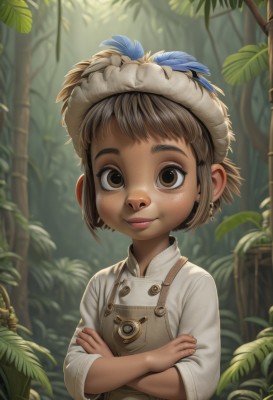 1girl,solo,looking at viewer,smile,short hair,bangs,brown hair,shirt,long sleeves,hat,brown eyes,jewelry,closed mouth,white shirt,upper body,earrings,outdoors,day,blurry,dark-skinned female,tree,blurry background,leaf,crossed arms,feathers,plant,child,nature,androgynous,forest,freckles,realistic,female child,overalls,lips,bamboo