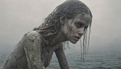 1girl,solo,long hair,breasts,blue eyes,black hair,closed mouth,upper body,grey hair,nude,outdoors,water,from side,lips,wet,grey eyes,ocean,science fiction,realistic,wet hair,looking at viewer,parted lips,grey background,expressionless,messy hair,nose,android,grey skin,damaged,grey sky,cracked skin,grey theme