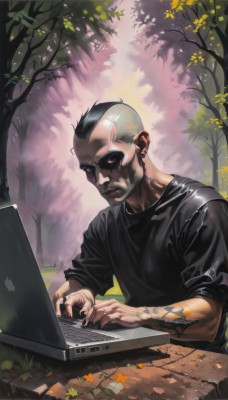 solo,short hair,shirt,black hair,1boy,jewelry,closed mouth,yellow eyes,upper body,grey hair,male focus,earrings,outdoors,tree,fingernails,black shirt,tattoo,leaf,piercing,ear piercing,black nails,colored sclera,black sclera,autumn leaves,computer,bald,very short hair,cyborg,laptop,mohawk,sitting,ring,realistic,branch,arm tattoo,undercut,facial tattoo,neck tattoo,wrinkled skin