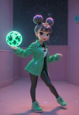 1girl,solo,looking at viewer,blush,smile,short hair,bangs,brown hair,shirt,hair ornament,long sleeves,jewelry,closed mouth,green eyes,standing,jacket,full body,white shirt,purple hair,pantyhose,earrings,open clothes,shoes,shiny,collared shirt,artist name,indoors,blunt bangs,hair bun,blurry,open jacket,lips,sleeves past wrists,black pantyhose,double bun,makeup,blurry background,shadow,glowing,sneakers,green jacket,red lips,green footwear,orb,black hair,dress,pants,black eyes,black pants,lipstick,multicolored clothes,eyeshadow,hoop earrings,leggings,planet,multicolored jacket,black leggings