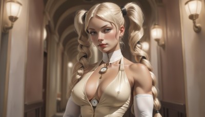 1girl,solo,long hair,breasts,looking at viewer,blush,blonde hair,large breasts,gloves,dress,cleavage,bare shoulders,twintails,brown eyes,jewelry,medium breasts,collarbone,upper body,braid,earrings,parted lips,sleeveless,elbow gloves,artist name,indoors,white gloves,necklace,white dress,blurry,lips,grey eyes,sleeveless dress,blurry background,halterneck,drill hair,breasts apart,twin drills,realistic,nose,red lips,blue eyes,choker,mole,covered nipples,no bra,makeup,piercing,lipstick,eyeshadow,mole on breast,mascara