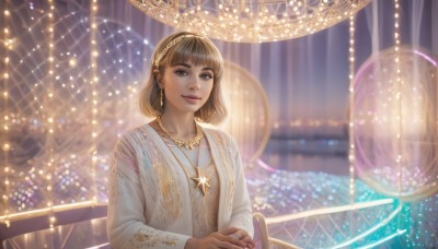 1girl,solo,looking at viewer,smile,short hair,bangs,brown hair,long sleeves,dress,brown eyes,jewelry,upper body,hairband,earrings,indoors,necklace,star (symbol),blurry,lips,glowing,watermark,ring,crown,gem,realistic,nose,fantasy,railing,blunt bangs,medium hair,nail polish,white dress,makeup,own hands together