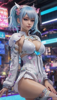 1girl,solo,breasts,looking at viewer,short hair,bangs,blue eyes,large breasts,hair ornament,thighhighs,long sleeves,cleavage,twintails,jewelry,medium breasts,sitting,blue hair,flower,thighs,cowboy shot,earrings,parted lips,detached sleeves,artist name,hair flower,medium hair,blurry,leotard,lips,clothing cutout,makeup,thigh strap,blurry background,cleavage cutout,short twintails,pink flower,science fiction,realistic,nose,white leotard,neon lights,closed mouth,cyberpunk