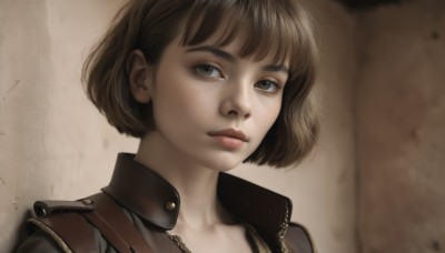 1girl,solo,looking at viewer,short hair,bangs,brown hair,brown eyes,closed mouth,jacket,upper body,blurry,lips,eyelashes,bob cut,portrait,realistic,nose,leather,leather jacket,brown theme,collarbone,open clothes,artist name,signature,blurry background,messy hair,close-up,wall