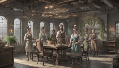 long hair,smile,short hair,multiple girls,brown hair,shirt,black hair,hair ornament,gloves,long sleeves,hat,dress,2girls,sitting,standing,flower,white hair,boots,multiple boys,belt,indoors,hair flower,3girls,hair bun,apron,vest,cup,window,facial hair,chair,brown footwear,table,sunlight,single hair bun,3boys,plant,scenery,beard,plate,sleeves rolled up,tray,6+boys,4boys,mustache,potted plant,lamp,teapot,old,stool,old man,shelf,counter,ceiling light,cafe,chandelier,wooden table,4girls,realistic,fantasy,bald,chef hat,wooden chair