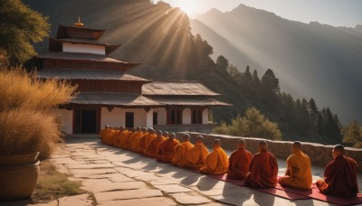 sitting,outdoors,food,japanese clothes,multiple boys,sky,day,from behind,tree,shadow,sunlight,plant,building,nature,scenery,6+boys,4boys,light rays,mountain,bush,architecture,sunbeam,house,east asian architecture