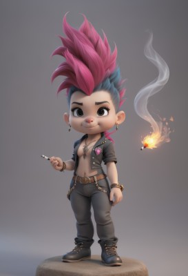 solo,looking at viewer,smile,simple background,black hair,1boy,navel,holding,brown eyes,jewelry,closed mouth,blue hair,standing,jacket,full body,pink hair,male focus,red hair,multicolored hair,earrings,boots,open clothes,belt,pants,artist name,grey background,necklace,chibi,black footwear,black eyes,bracelet,two-tone hair,open jacket,black jacket,muscular,black pants,piercing,abs,thick eyebrows,fire,pectorals,spiked hair,ear piercing,black nails,smoke,cigarette,belt buckle,smoking,brown belt,leather,undercut,holding cigarette,leather jacket,mohawk,faux figurine,1girl,breasts,short hair,cleavage,medium breasts,no bra,asymmetrical hair,nose piercing,lighter