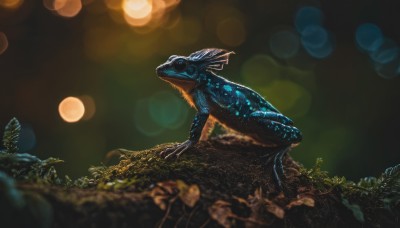 solo,sitting,tail,outdoors,teeth,blurry,from side,pokemon (creature),no humans,night,depth of field,sharp teeth,claws,lens flare,monster,rock,realistic,scales,bokeh,dinosaur,blue eyes,blurry background,glowing,animal,bug,plant,nature,fish,animal focus