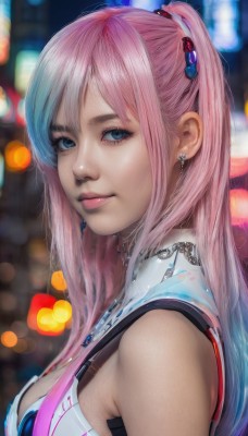 1girl,solo,long hair,breasts,looking at viewer,bangs,blue eyes,hair ornament,bare shoulders,jewelry,medium breasts,closed mouth,upper body,ponytail,pink hair,multicolored hair,earrings,sleeveless,necklace,blurry,from side,lips,eyelashes,gradient hair,makeup,depth of field,blurry background,realistic,nose,large breasts,cleavage,blue hair