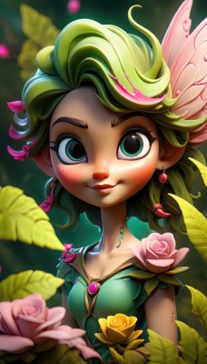 1girl,solo,breasts,looking at viewer,smile,short hair,hair ornament,dress,jewelry,closed mouth,green eyes,collarbone,upper body,flower,short sleeves,earrings,small breasts,green hair,wings,pointy ears,artist name,hair flower,blurry,lips,makeup,rose,leaf,plant,lipstick,gem,pink flower,freckles,green dress,yellow flower,red lips,fairy,pink rose,yellow rose,blue eyes,shirt,cleavage,multicolored hair,eyelashes,watermark,monster girl,web address,fairy wings