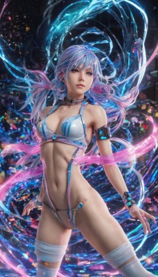 1girl,solo,long hair,breasts,looking at viewer,bangs,blue eyes,thighhighs,navel,cleavage,bare shoulders,jewelry,medium breasts,blue hair,standing,swimsuit,pink hair,bikini,multicolored hair,earrings,choker,stomach,collar,bracelet,white thighhighs,lips,floating hair,revealing clothes,armlet,realistic,twintails,small breasts,low twintails,watermark,armband