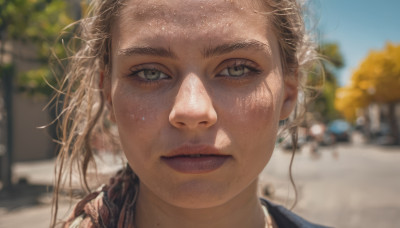 1girl, solo, looking at viewer, blonde hair, jewelry, closed mouth, outdoors, day, necklace, mole, blurry, tree, lips, eyelashes, depth of field, blurry background, portrait, freckles, realistic, mole on cheek