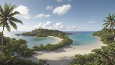 outdoors,sky,day,cloud,water,tree,blue sky,no humans,shadow,ocean,beach,plant,nature,scenery,sand,palm tree,horizon,shade,summer,shore,island,grass,forest,bush