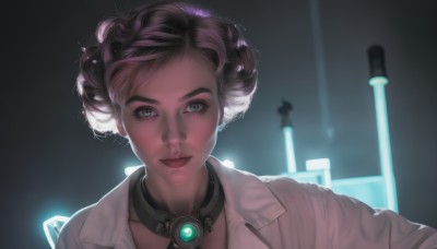 1girl,solo,looking at viewer,short hair,brown hair,shirt,jewelry,closed mouth,green eyes,white shirt,upper body,choker,dark skin,hair bun,dark-skinned female,lips,grey eyes,eyelashes,makeup,glowing,lipstick,portrait,backlighting,science fiction,curly hair,realistic,nose,labcoat,smile,open mouth,blue eyes,black hair,jacket,artist name,blurry,collar,coat,pink lips,white coat,red lips