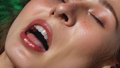 1girl,solo,open mouth,brown hair,closed eyes,teeth,shiny,lips,shiny skin,close-up,freckles,realistic,nose,1boy,male focus,tongue,parody